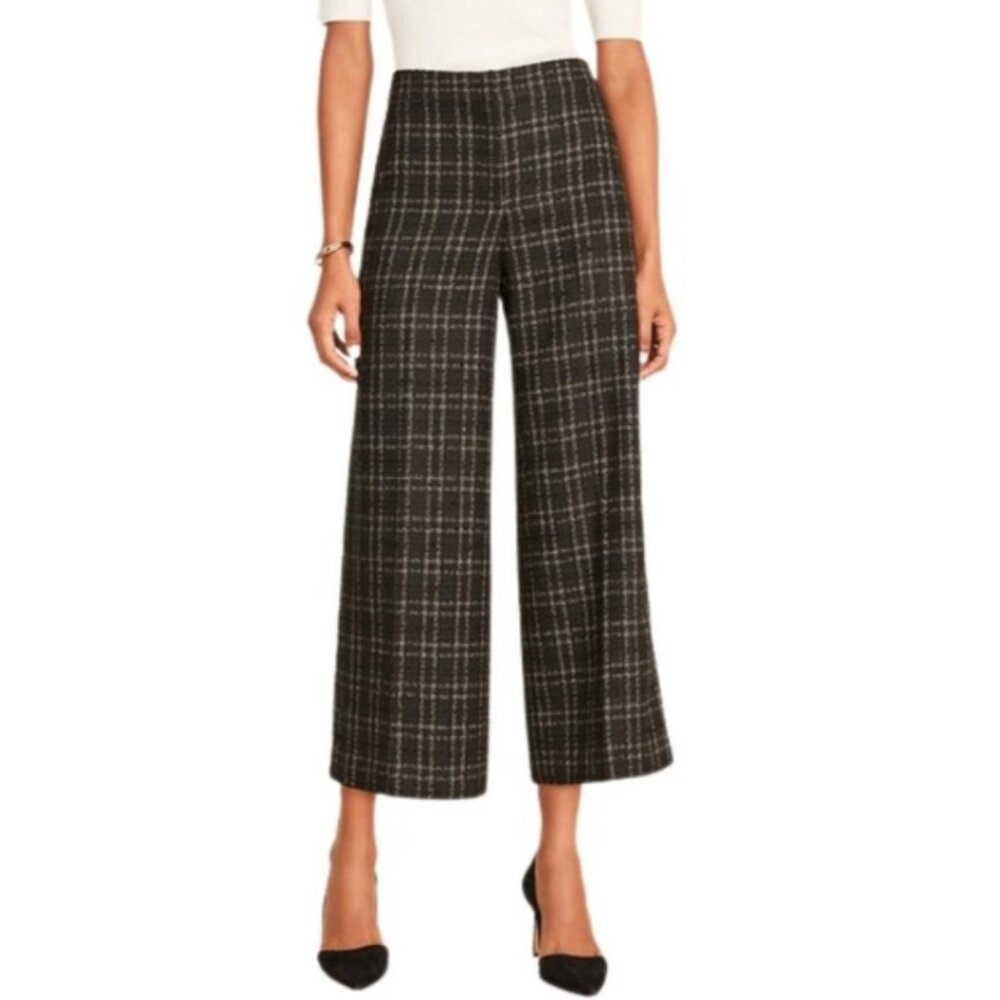 Ann Taylor The Marina Plaid Black Gold Thread Wide Leg Crop Pants Size 4